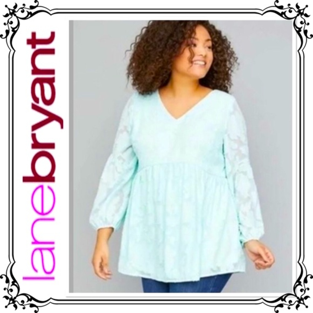 LANE BRYANT ⭐️ Mint Green Floral Burnout Bohemian BabyDoll Blouse